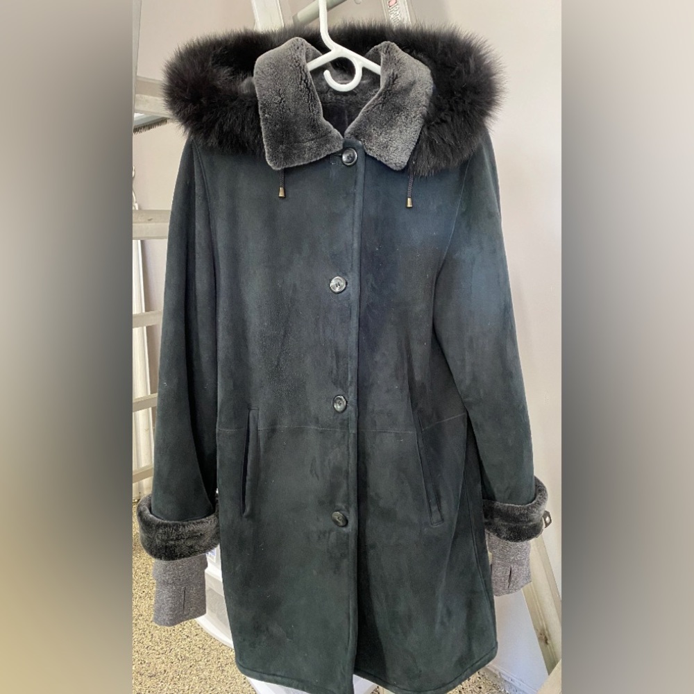 Women Shearling Suede Coat Removable Hood with Fox Trim S.